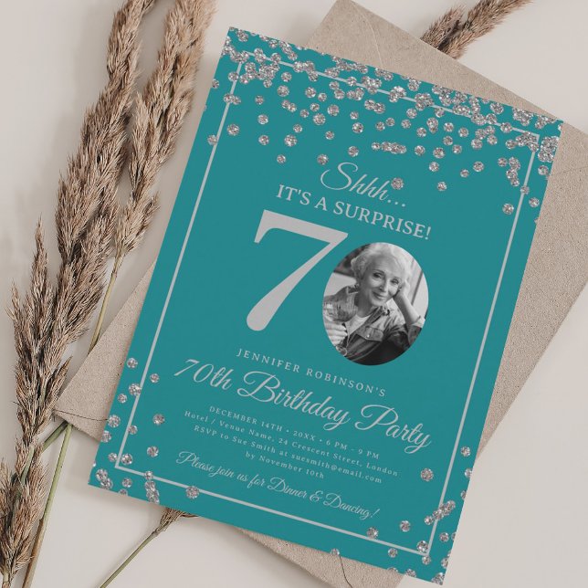 Überraschung 70. Geburtstag Silbernes Konfetti Tür Einladung (SURPRISE 70th Birthday Silver Confetti Turquoise Invitation)