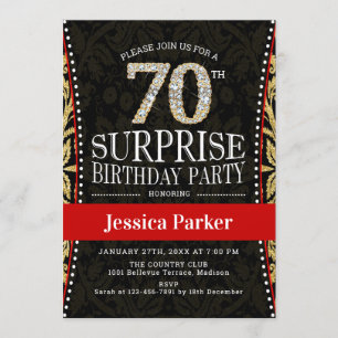 Überraschung 70. Geburtstagsparty - Gold Black Red Einladung
