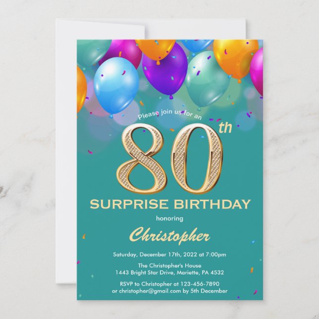 Überraschung 80. Geburtstag Aquamarin und Gold Bal Einladung (Vorderseite)