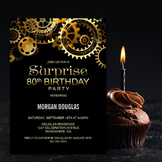 Überraschung 80. Geburtstag Black Gold Steampunk Einladung
