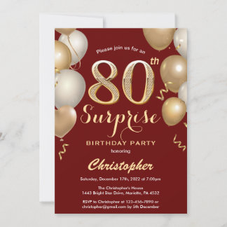 Überraschung 80. Geburtstag Dunkelrot und Gold Bal Einladung