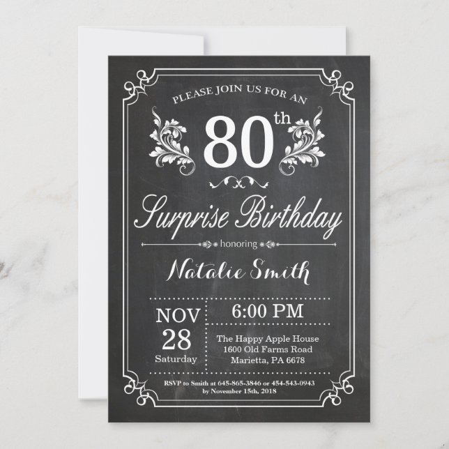 Überraschung 80. Geburtstag Einladung Chalkboard (Vorderseite)