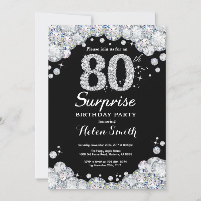 Überraschung 80. Geburtstag Einladung Silver Diamo (Vorderseite)