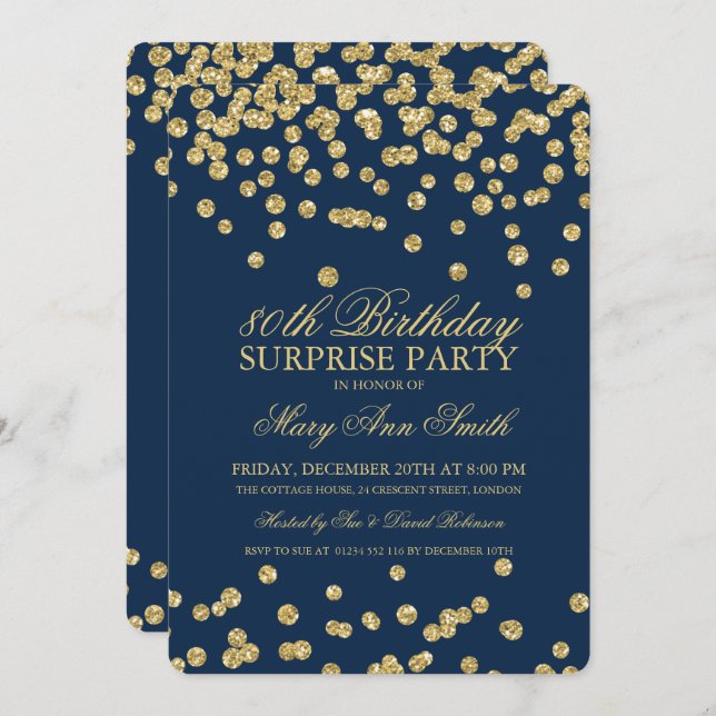Überraschung 80. Geburtstag Gold Glitzer Navy Blue Einladung (Vorne/Hinten)