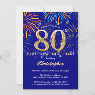 Überraschung 80. Geburtstag Navy Blue & Gold Firew Einladung
