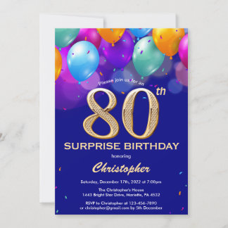 Überraschung 80. Geburtstag Navy Blue und Gold Bal Einladung