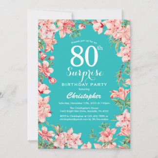 Überraschung 80. Geburtstag Rosa Blume Aquamarin Einladung