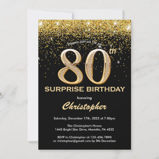 Überraschung 80. Geburtstag Schwarz und Gold Glitz Einladung