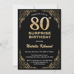 Überraschung 80. Geburtstag Schwarz und Gold Glitz Einladung
