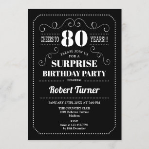 Überraschung 80. Geburtstag - Schwarz-weiß Einladung