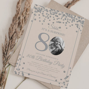 Überraschung 80. Geburtstag Silbernes Konfetti Cha Einladung