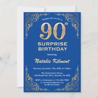 Überraschung 90. Geburtstag Blau und Gold Glitzer Einladung