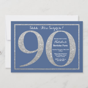 Überraschung 90. Geburtstag Blau und Silber Glitte Einladung