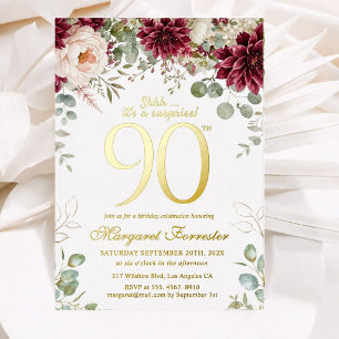 Überraschung 90. Geburtstag Burgund Floral Echtgol Folieneinladung