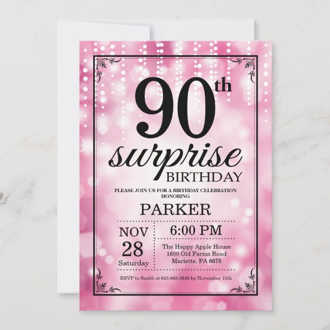 Überraschung 90. Geburtstag Einladung Pink Glitzer (Vorderseite)