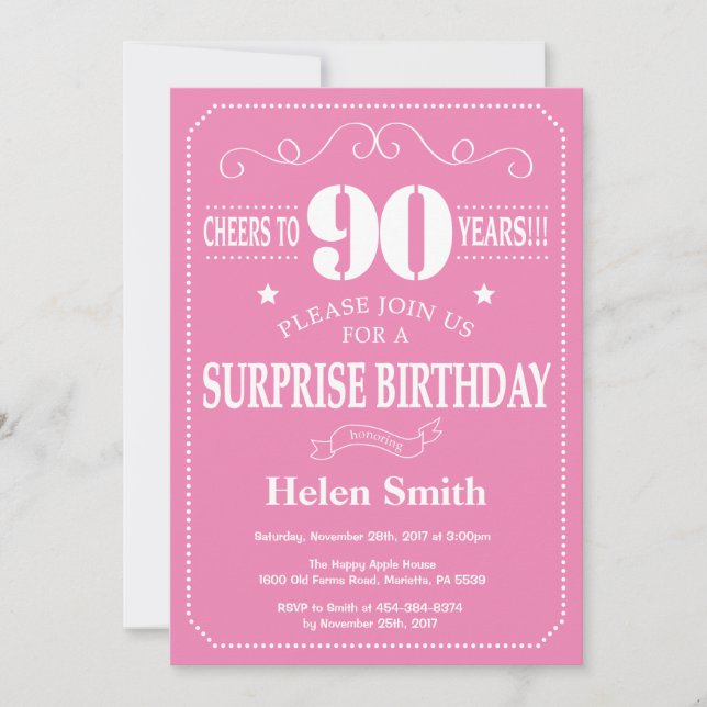 Überraschung 90. Geburtstag Einladung Rosa und Wei (Vorderseite)