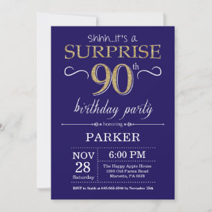 Überraschung 90. Geburtstag Navy Blue und Gold Gli Einladung