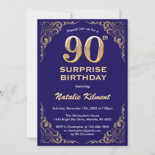 Überraschung 90. Geburtstag Navy Blue und Gold Gli Einladung