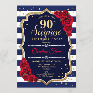 Überraschung 90. Geburtstag - Navy White Red Einladung