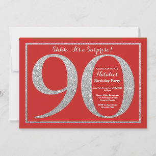 Überraschung 90. Geburtstag Rot und Silber Glitter Einladung