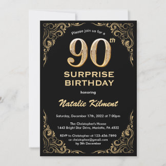 Überraschung 90. Geburtstag Schwarz und Gold Glitz Einladung