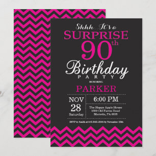 Überraschung 90. Geburtstag Schwarz und Hot Pink Einladung