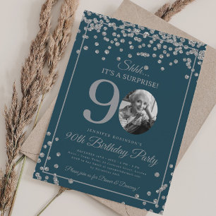 Überraschung 90. Geburtstag Silbernes Konfetti Nav Einladung