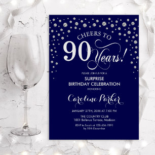 Überraschung 90. Geburtstagsparty - Navy Silver Einladung