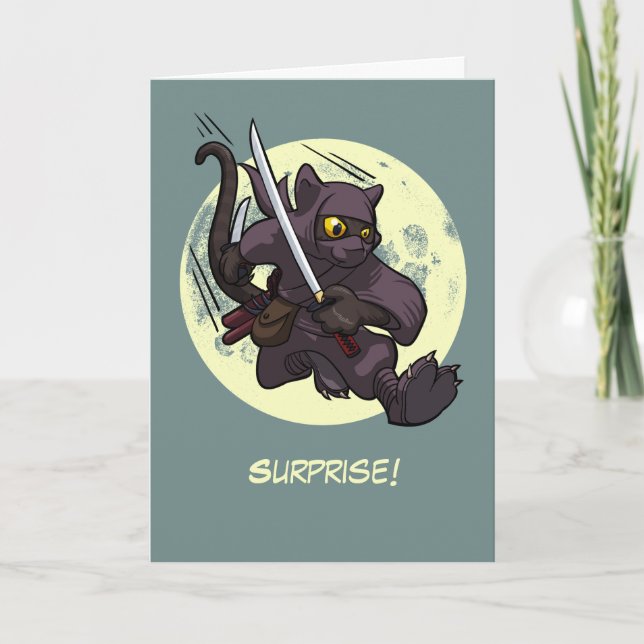 Überraschung! Black Cat Ninja Flying Kick Cartoon Karte (Vorderseite)