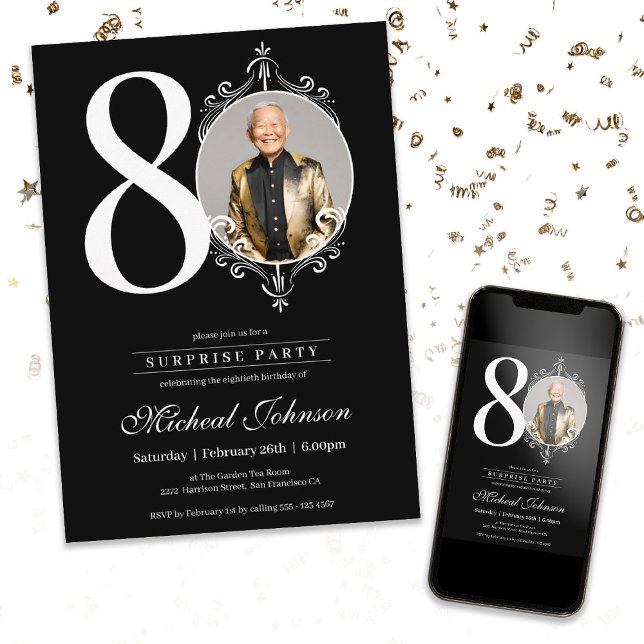 Überraschung Einfaches Elegantes Foto 80. Geburtst Einladung (Surprise Simple Elegant Photo 80th Birthday Party Invitation)