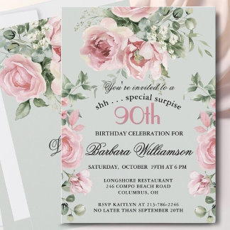 ÜBERRASCHUNG Elegante bemalte Rosen 90. Geburtstag Einladung