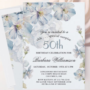 ÜBERRASCHUNG Elegante blaue Blumen zum 50. Geburts Einladung