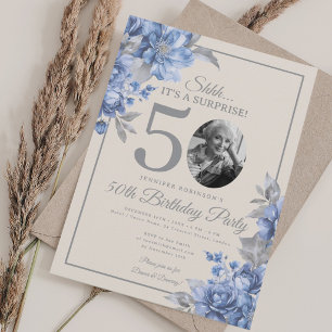 Überraschung Foto 50. Geburtstag Blau Blumig Beige Einladung