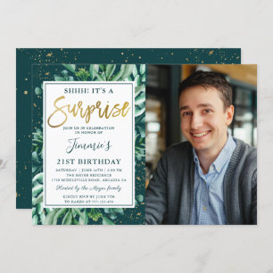 Überraschung Geburtstag Chic Greenery Gold Glitzer Einladung
