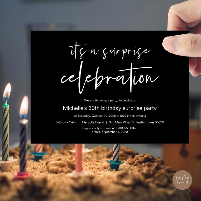 Überraschung Geburtstagsfeier Einladung (Surprise Birthday Party Celebration Invitation Card, PDF, in Classy Black)