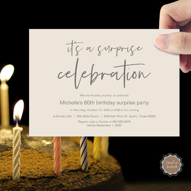 Überraschung Geburtstagsfeier Einladung (Surprise Birthday Party Celebration Invitation Card, PDF, in Cream and Dark Grey)