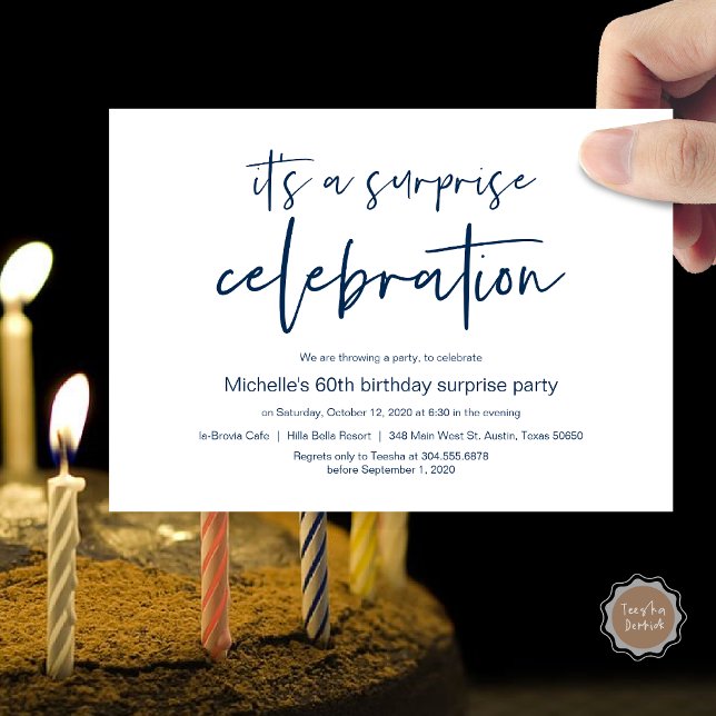 Überraschung Geburtstagsfeier Einladung (Surprise Birthday Party Celebration Invitation Card, PDF, in Navy Blue)