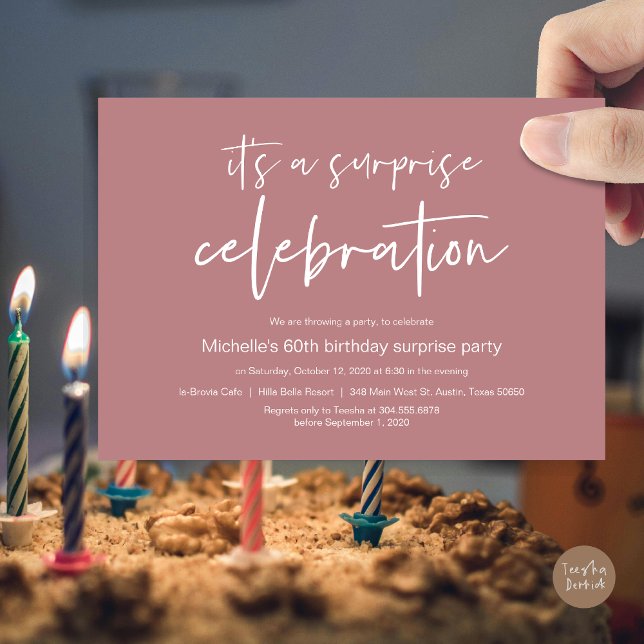 Überraschung Geburtstagsfeier Einladung (Surprise Birthday Party Celebration Invitation Card, PDF, in Dusty Rose Pink)