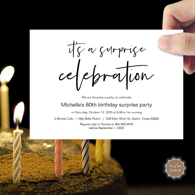 Überraschung Geburtstagsfeier Einladung (It's a surprise celebration, Birthday invitation card, pdf, modern script, in black and white)