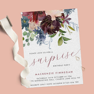 Überraschung Geburtstagsparty Burgund & Navy Flora Einladung