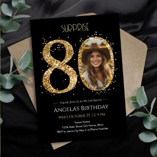 Überraschung Gold Glitzer 80. Geburtstag Foto Einladung