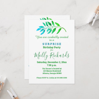 Überraschung Party Blue Green Foliage Einladung