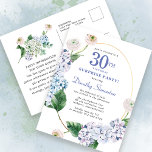Überraschung Party Hydrangea Rose 30. Geburtstag Postkarte<br><div class="desc">Blaue Hydrangea-Blume und Blüten der Rose schmücken einen goldgelben ovalen Rahmen. Eine offene und luftige moderne botanische.</div>