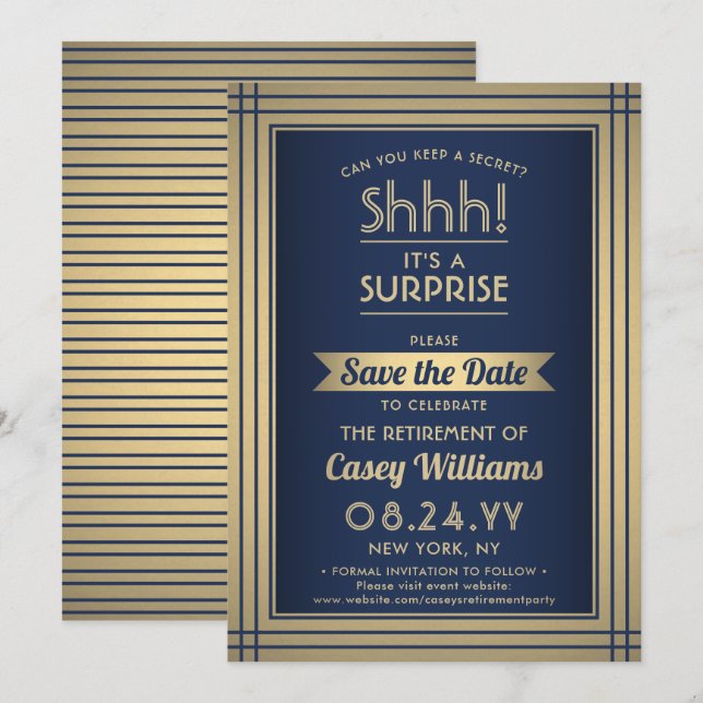 Überraschung Rente Party Shhh! Navy Blue & Gold Save The Date (Vorne/Hinten)