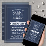 Überraschung Rente Party Shhh! Navy Blue & White Save The Date<br><div class="desc">Kannst du ein Geheimnis behalten haben? Laden Sie Kollegen, Mitarbeiter, Familie und Freunde zu einer eleganten und aufregenden Überraschungsfeier in den Ruhestand mit maßgeschneiderten, blau-weiß-Save the Date Party Einladungen. Alle Formulierungen auf dieser Vorlage ist einfach zu personalisieren, einschließlich der Nachricht, dass "Shhh! Es ist ÜBERRASCHEND." Das Design besticht durch eine...</div>