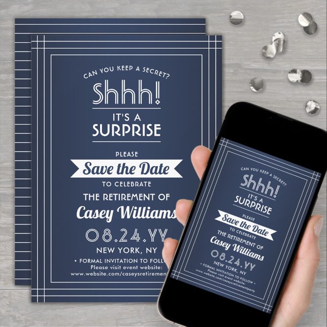 Überraschung Rente Party Shhh! Navy Blue & White Save The Date (Von Creator hochgeladen)