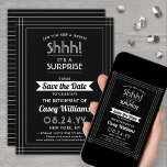 Überraschung Rente Party Shhh! Schwarz und Weiß Save The Date<br><div class="desc">Kannst du ein Geheimnis behalten haben? Laden Sie Kollegen, Mitarbeiter, Familie und Freunde zu einer eleganten und aufregenden Überraschungsfeier mit individuellen Schwarz-Weiß-Party Einladungen ein. Alle Formulierungen auf dieser Vorlage ist einfach zu personalisieren, einschließlich der Nachricht, dass "Shhh! Es ist ÜBERRASCHEND." Das Design besticht durch eine moderne Streifenrandlinie, klassische Vintage Deko-Typografie...</div>