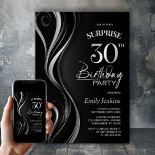 Überraschung Schwarz Silver 30. Geburtstag Party Einladung