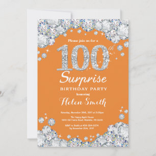 Überraschung zum 100. Geburtstag Orange und Silber Einladung