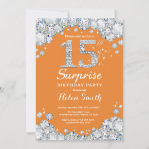 Überraschung zum 15. Geburtstag Orange und Silber Einladung